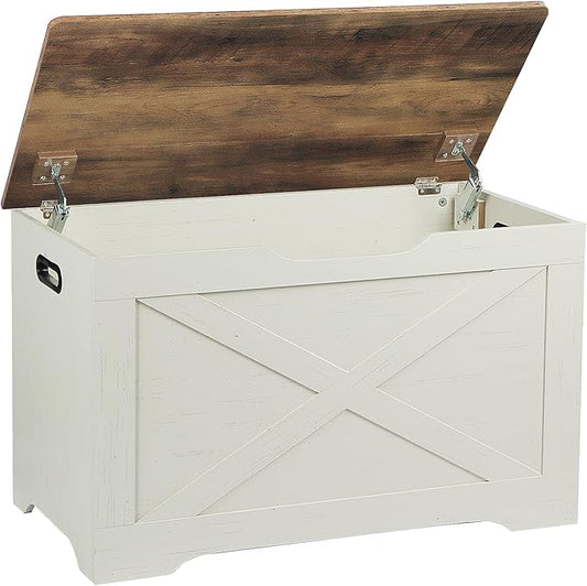 Timberer Storage Chest, Wooden Storage Bench, Entryway Shoes Bench with 2 Safety Hinges, for Living Room, Bedroom, 15.7 x 31.5 x 18.9 Inches, Brown and Rustic White