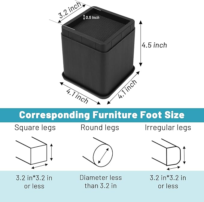 BTSD-home 4 inch or 8 inch Bed Risers Heavy Duty Stackable Furniture Risers Bed Lifts Risers for Couch, Sofa, Desk or Table Legs Extenders 8 Pack