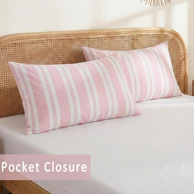 Merryword Pink Striped Pillowcases, 100% Cotton Pillow Cases, King Size Pillowcases, Luxury Linen Like Pillowcase, Soft Breathable Stripe Pillow Covers, Set of 2