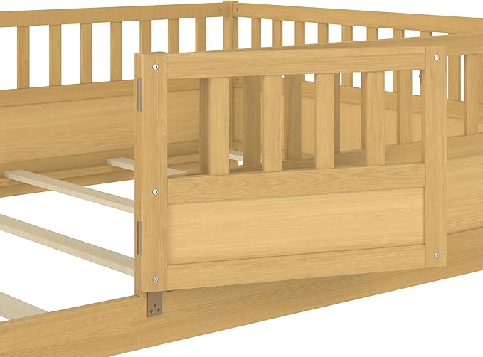 Bellemave Full Size Floor Bed with Slats and Door, Full Size Montessori Floor Bed with Rails, Easy Assemble Montessori Beds Frame for Bedroom, Natural