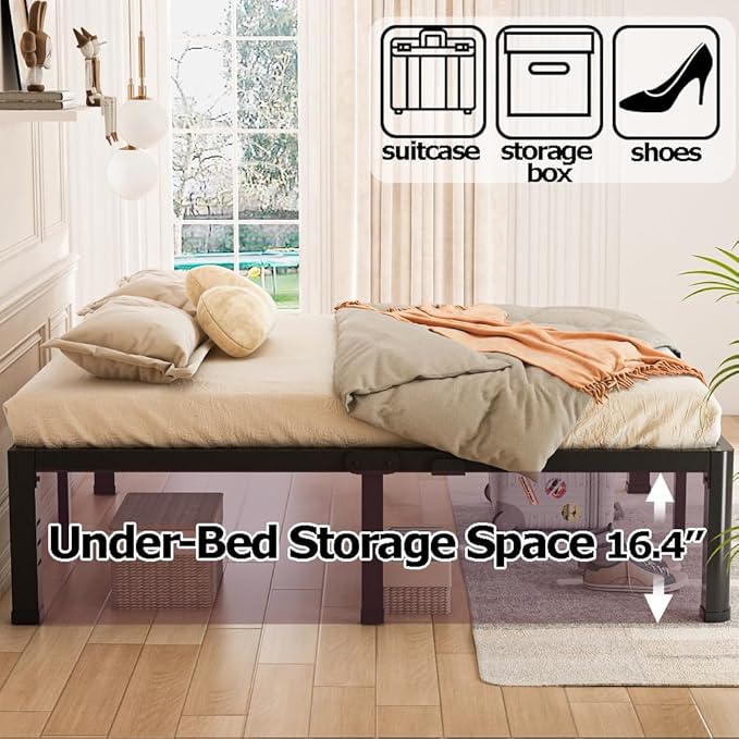 Bilily 18 inch Queen Bed Frame Metal Platform with Round Corner Legs,3500 LBS Heavy Duty Steel Slats Support,Headboard Compatible,No Box Spring Needed,Easy Assembly,Mattress Retainer,Underbed Storage