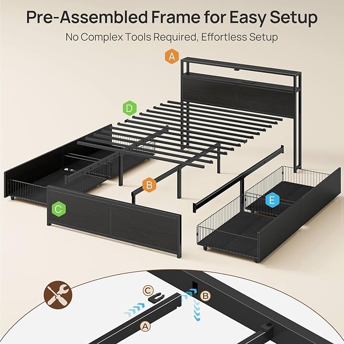 Rolanstar Twin Bed Frame with 4 Storage Drawers, Charging Station and LED Lights, Metal Platform Bed with 2-Tier Storage Headboard, No Box Spring Needed, Easy Assembly, Noise-Free, Black