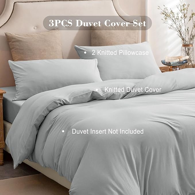 PURE ERA Jersey Knit Duvet Cover Set 100% T-Shirt Cotton Super Soft Comfy 3pc Bedding Set with Zipper Closure (Solid Light Grey, King, 104'' x 90'')