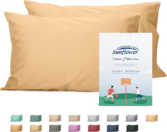 Sunflower Queen Pillowcases Set of 2, 100% Cotton Queen Size Pillow Cases 2, 20×30 inches Desert Mist, Soft and Breathable