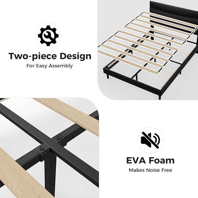 GarveeHome Full Modern Upholstered Bed Frame with Soft Padded Headboard,Sturdy Metal Steel Slat Support, Noise-Free Quiet Design,Easy Assembly,Heavy Duty Stable Bed Frame(Black)