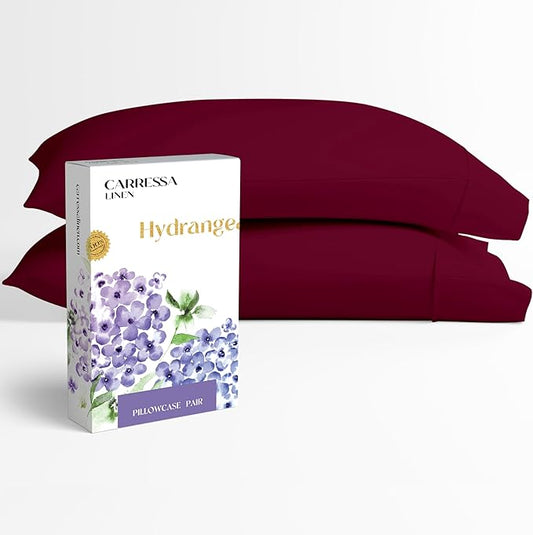 Carressa Linen 100% Egyptian Cotton King Size Pillow Cases Set of 2 - Luxury 600 Series Hydrangeas Collection King Pillowcases (Burgundy), Soft Cooling, Sateen Weave Hotel Quality Bed Pillow Cover