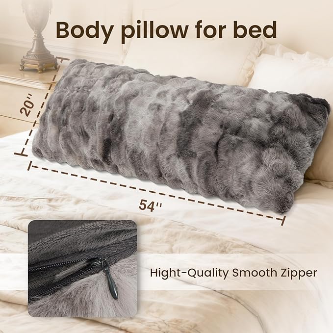 ZonLi Fluffy Body Pillow for Adults, Fuzzy Faux Fur Body Pillow with Shredded Memory Foam, Adjustable Support for Side Sleepers, Pregnancy & Bedding Decor, Gifts, 20 x 54 Inch, Grey