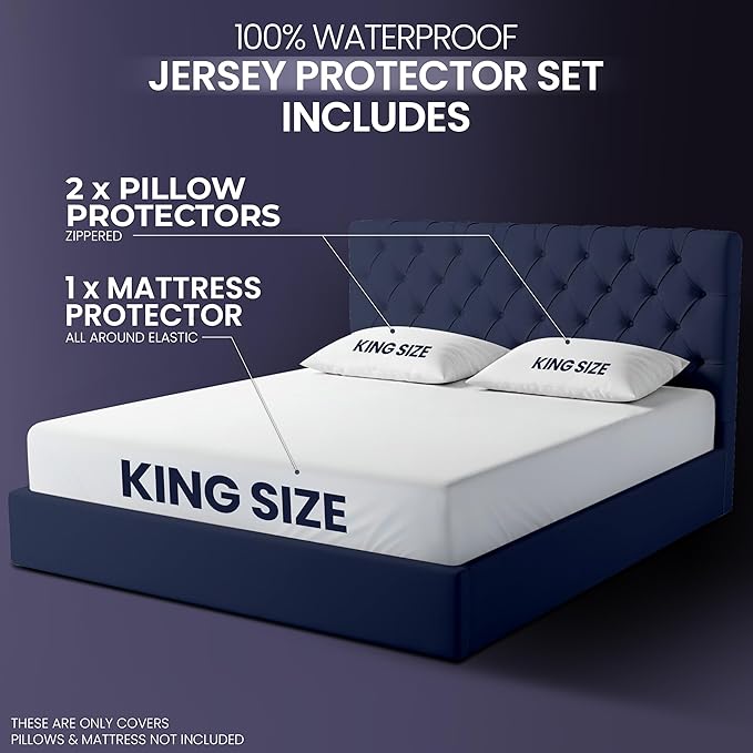 Waterproof Mattress Protector and Pillow Cases, King Size, Includes +2 Zippered Pillow Protectors and 1 Mattress Cover Set, Fitted Sheet Style Deep Pockets with All Around Elastic