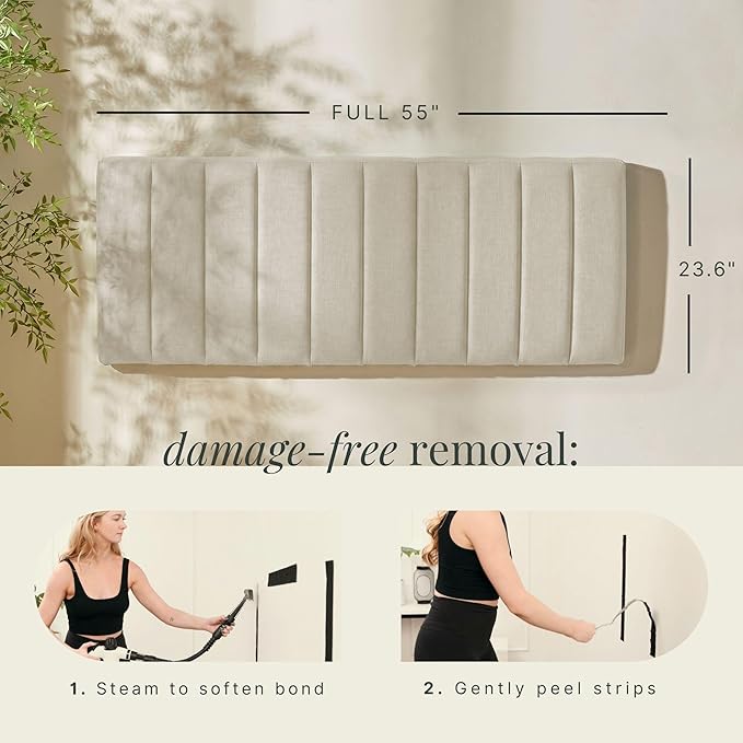 Hearth & Harbor Upholstered Full Headboard - Easy Assemble Channel Stitched Headboard Full Size - Wall Mounted Headboards with 3D Soundproof Wall Panels Peel & Stick Floating Headboards, Linen