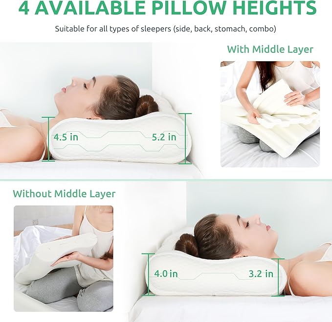 UTTU Cervical Pillow for Neck Pain Relief, Memory Foam Neck Pillow for Sleeping, Adjustable Orthopedic Sandwich Pillow, Contour Cooling for Side Back Stomach Sleeper, Travel(15.7"×11"×5.2"/4.5")