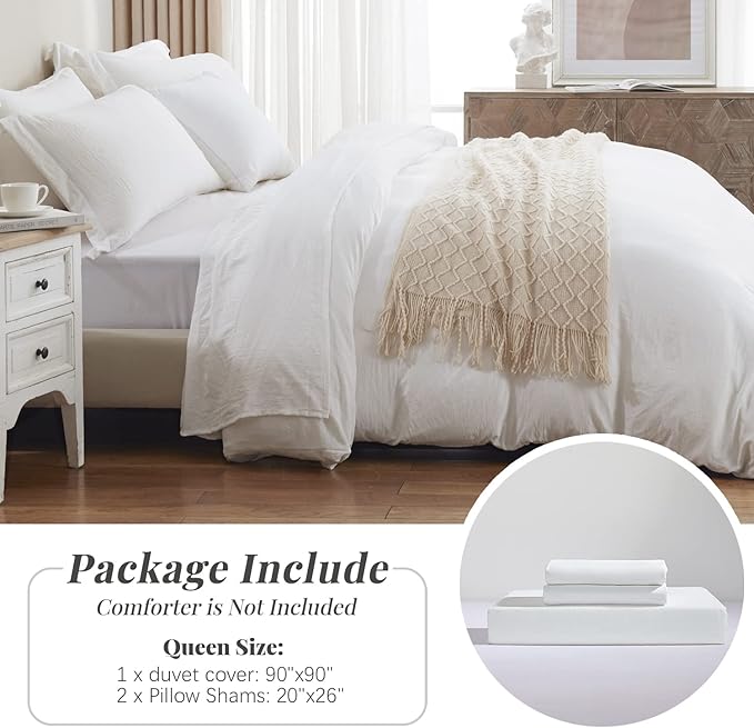 MILDLY Super Soft Duvet Cover - 100% Washed Microfiber White Comforter Cover Set 3 Pieces with Zipper Closure & Corner Ties (No Comforter)