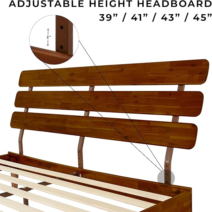 Bme Caden 15 Inch Deluxe Bed Frame with Adjustable Headboard - Mid Century, Retro Style with Acacia Wood - No Box Spring Needed - 12 Strong Wood Slat Support - Easy Assembly - Dark Chocolate, King