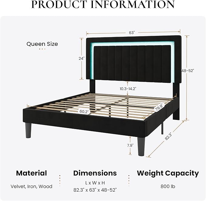 SHA CERLIN Queen Size Velvet Bed Frame with LED Light, Adjustable Vertical Channel Tufted Headboard, Strong Wooden Slats Support, Noise-Free, No Box Spring Needed, Black
