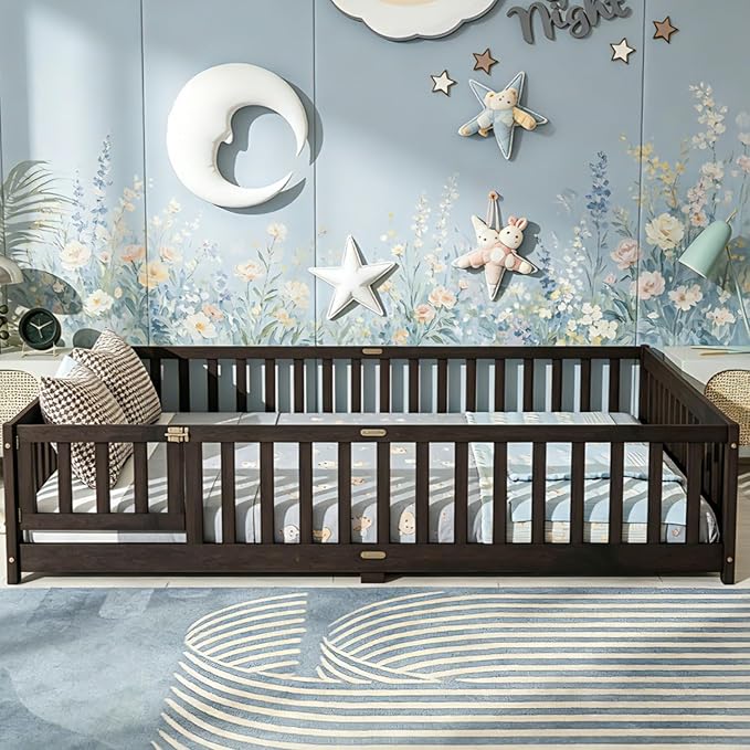 Bellemave Queen Floor Bed Frame with Rails and Door, Solid Wood Montessori Queen Size Floor Bed, Low Profile Montessori Beds with Removable Slats, Espresso