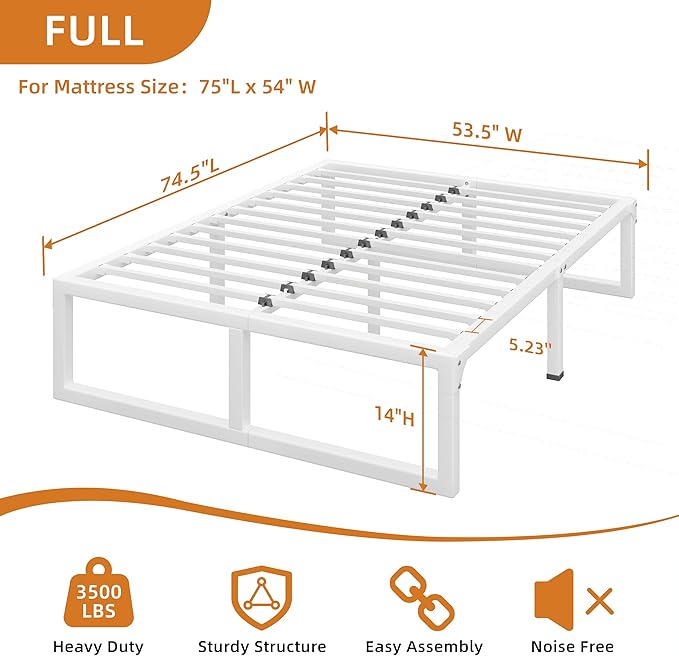 Full Size Bed Frame, 14 Inch Metal Platform Bed Frames with Squeak Free U-Slot Design, 6 Non-Slip Guards, 3500lbs Heavy Duty Steel Slat Support, No Box Spring Needed, Under Bed Storage, White