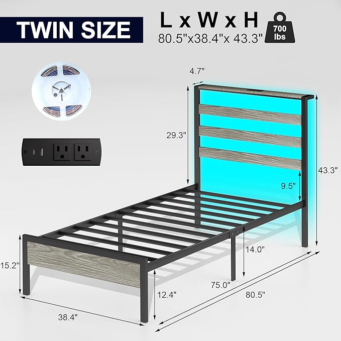 J.Fkne Twin Bed Frame with LED Lights & Charging Station, Metal Platform Bed with Headboard, Heavy Duty Metal Slats, No Box Spring Needed, Noise Free, Easy Assembly