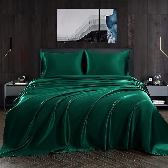 Homiest 3pcs Satin Sheets Set Luxury Silky Satin Bedding Set with Deep Pocket, 1 Fitted Sheet + 1 Flat Sheet + 1 Pillowcase (Twin Size, Blackish Green)
