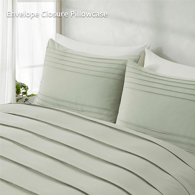 Oli Anderson Mist Sage Duvet Cover Queen Size - Pleated Queen Duvet Cover, 3PCS Soft and Breathable Textured Bedding Set with Zipper Closure(Mist Sage,90"x90")