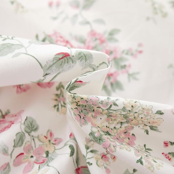VM VOUGEMARKET Queen Duvet Cover Set Pink Floral Bedding Set on White 100% Cotton Reversible Vintage Comforter Cover with Zipper&Ties