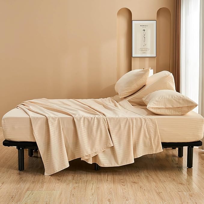 Kingnex Striped Split Top California King Sheets Sets for Adjustable Bed 4 Pieces Include 1 Flex Head Fitted Cal King Sheet 1 Flat Sheet 2 King Size Pillowcases Beige