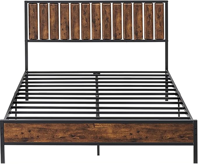 GarveeHome Full Size Bed Frame with Wood Headboard, Metal Platform Bed Frames with Heavy Duty Steel Slats, No Box Spring Needed, Under Bed Storage, Rustic Brown, Full