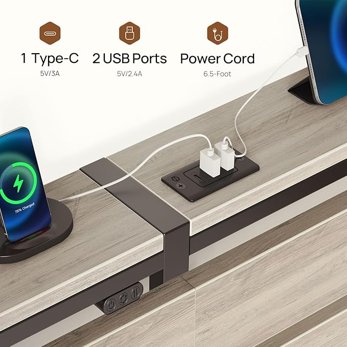 Rolanstar Bed Frame Full Size with USB Charging Station, LED Bed Frame with Wood Storage Headboard, Light Grey Metal Platform Bed with Under Bed Storage, No Box Spring Needed, Noise Free
