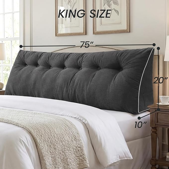 Sasttie Headboard Pillow King, Wedge Pillow Headboard for Sitting Up in Bed, Back-Rest Support Triangular Cushion for Reading - Features Removable Washable Cover, Dark Grey