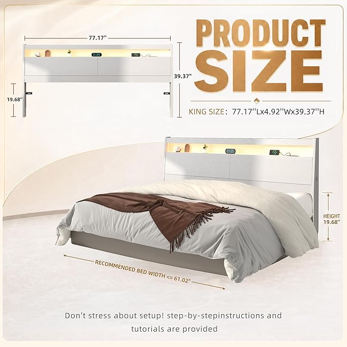 Wooden Headboard Only with Storage, Skirting Groove for Enhanced Stability, Built-in Power Outlet, 2 USB Ports & LED Light - Solid Wood Leg Sturdy Stable Bed Backboard (White, King (U.S. Standard))