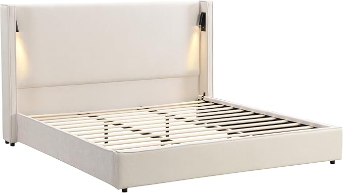 Christopher Knight Home Hazel 49.20" H King Headboard Bed, Upholstered King Size Bed, Slats Panel Support Platform, No Spring Box Needed, Wingback Headboard with Reading Lamps and USB, Beige