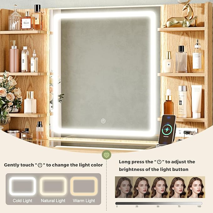 43" Makeup Vanity Desk with Mirror and Lights&Power Outl, 3 Adjustable Light Color,Glass Top Big Vanity Table with 9 Drawers & 6 Shelves,Girls Vanity for Bedroom, Oak