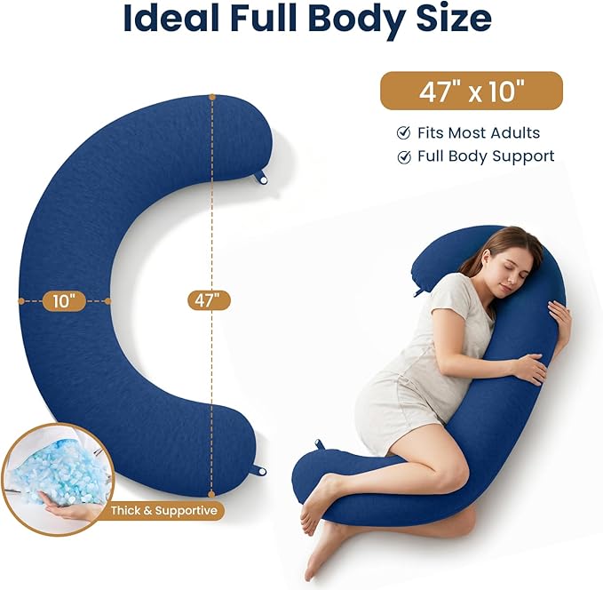 TranquilRelax C Shaped Body Pillow for Side Sleepers, Memory Foam Long Pillow for Leg, Hip & Back Support, Soft Washable Cover,Navy Blue-47"*10"