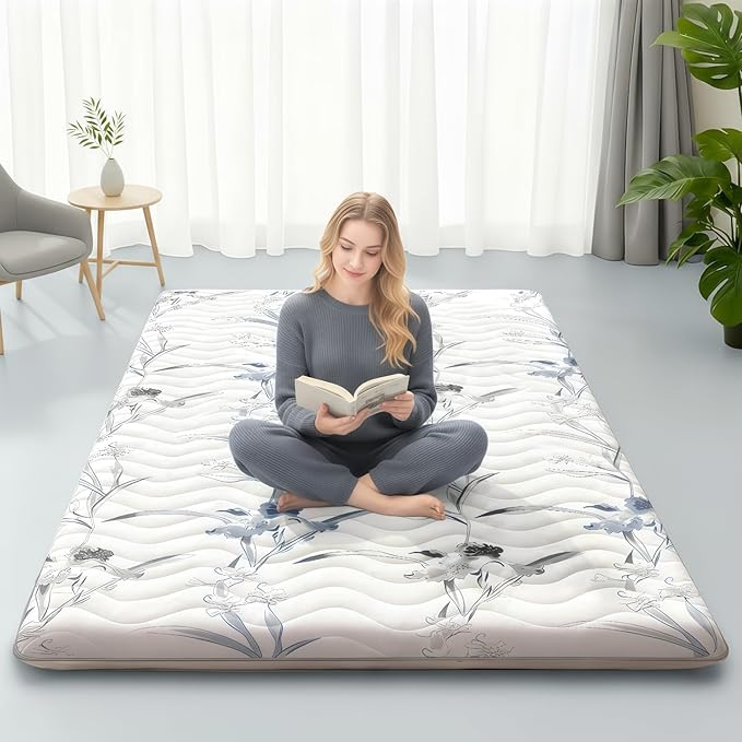 SCHNAUZER HOME Japanese Floor Mattress, 3.5" Thicken Ink Wash Floral Pattern Portable Futon Mattress, 100% High-Density Foam Tatami Mat Sleeping Pad for Camping Guest Room Dormitory RV, White, Queen