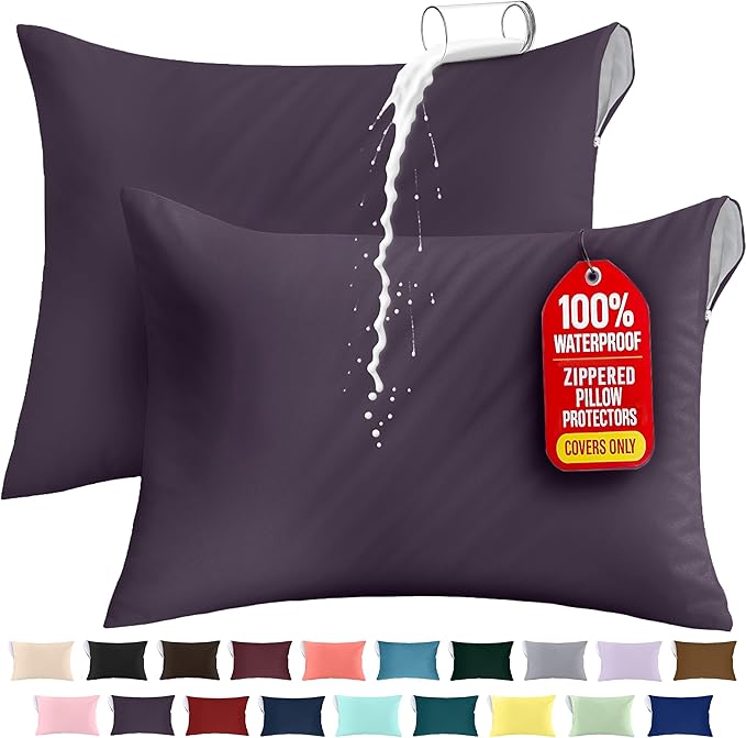 Utopia Bedding Premium 100% Waterproof Pillow Protectors with Zipper Queen Size (Set of 2), Bed Bug and Dust Mite Proof Zippered Pillow Covers, Pillow Encasement Cases, Purple