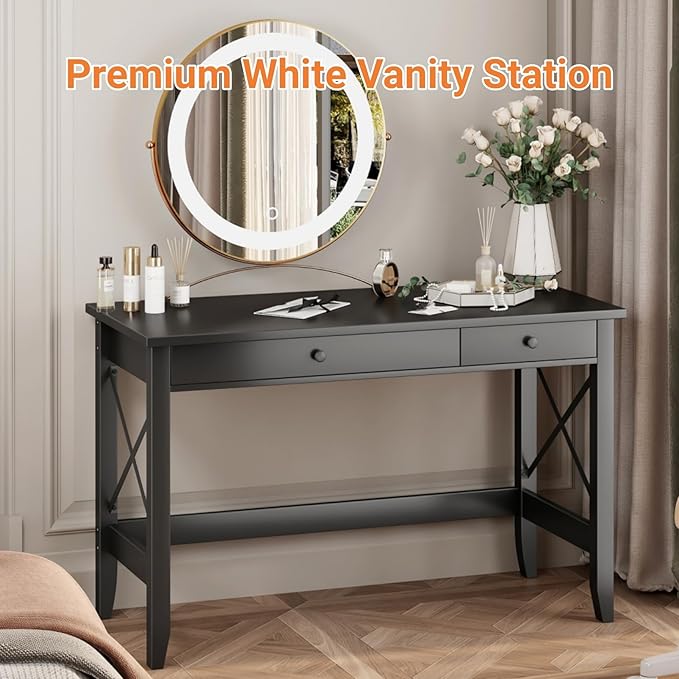 JSB 43.3'' Black Computer Desk for Home Office,Farmhouse Executive Desk with 2 Drawers,Study Writing Table Storage Cabinet,Makeup Vanity Desk for Bedroom (Black, 43.3 inch)