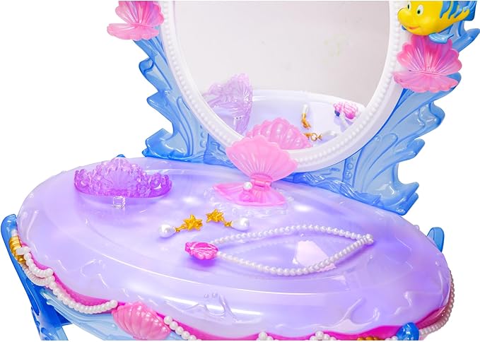 Disney Princess Ariel Vanity for Girls with Lights & Sounds, Plays "Under The Sea" - Magical Light Up Effect Looks Just Like Water! Pretend Play Girls Vanity Set with Mirror and Stool