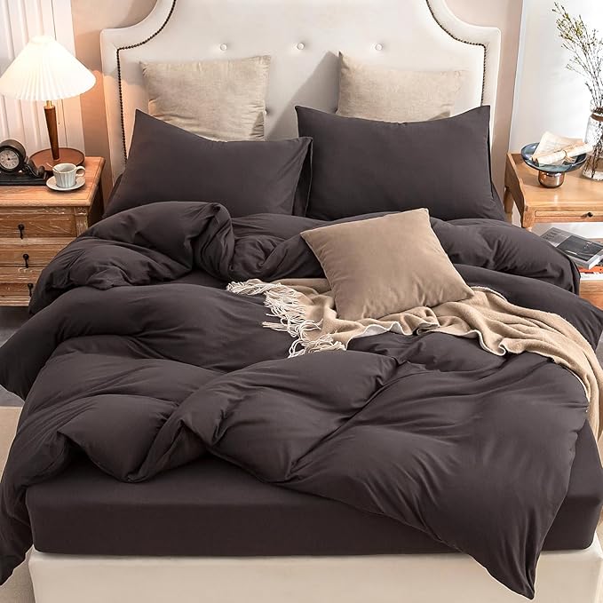 PURE ERA Jersey Knit Duvet Cover Set 100% T-Shirt Cotton Super Soft Comfy 3pc Bedding Set with Zipper Closure (Solid Dark Brown, Queen)