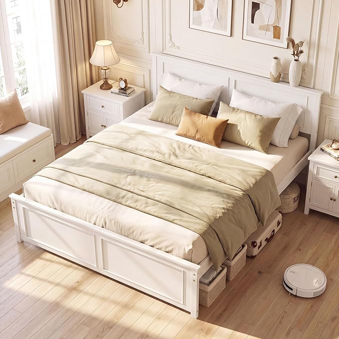 Giantex Wood Queen Size Bed Frame with Headboard, Farmhouse Solid Platform Bed w/Wooden Slat Support Mattress Foundation, Under-Bed Storage, No Box Spring Needed, White