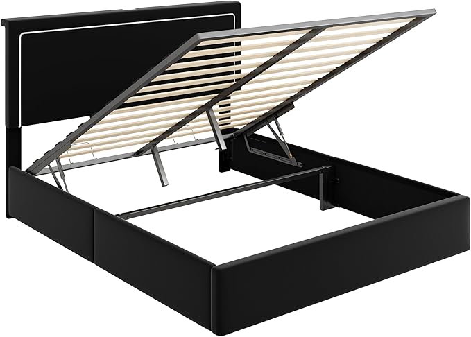 Allewie Full Size Lift Up Storage Bed Frame with Charging Station & LED Lights, Adjustable Velvet Upholstered Storage Headboard, Type-C & USB Ports, Hydraulic Support, No Box Spring Needed, Black