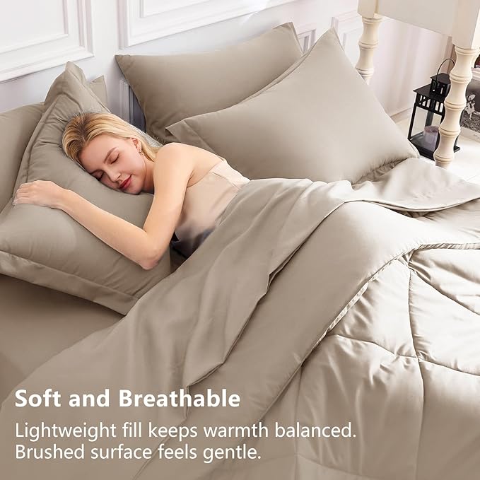 CozyLux Full Size Comforter Sets Khaki - 7 Pieces Bed in a Bag Full, Luxury Soft Bed Set for All Seasons, Bedding Set with Down Alternative Comforter, Sheets, Pillowcases & Shams