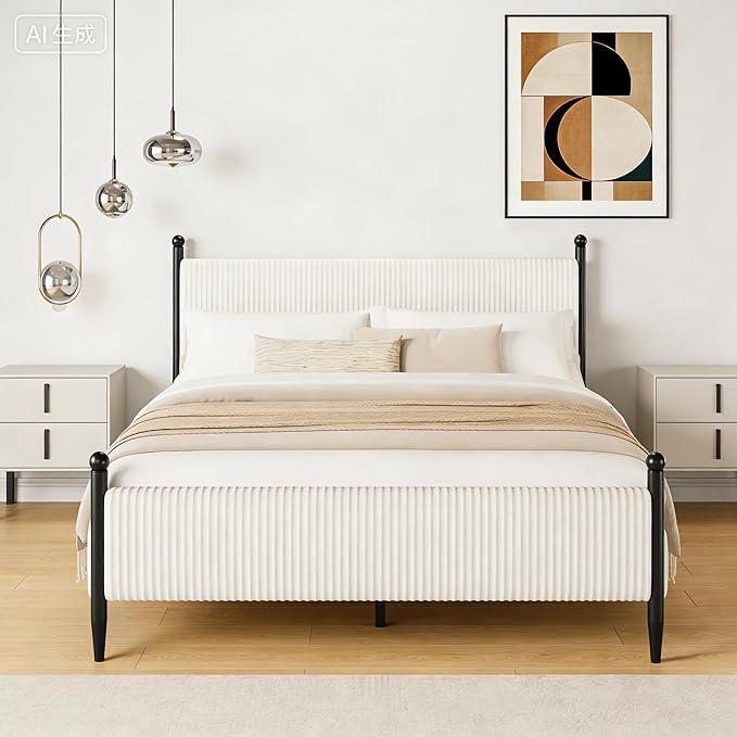 Garvee Queen Size Upholstered Bed Frame - with Velvet Headboard, Soft Corduroy Fabric Platform with Wooden Slats Support & Heavy Duty Feet, No Box Spring Needed, Noise Free, Easy Assembly, White