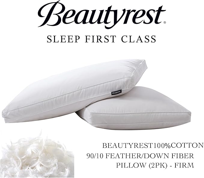 Beautyrest White Feather Down Fiber Pillows Set of 2 Pack with 2" Gusset Support Pillows,Hotel Collection 100% Cotton Hypoallergenic Medium Firm Bed Pillows for Side Sleeper