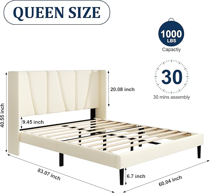 Sismplly Queen Bed Frame with Headboard, Velvet Upholstered Queen Size Platform Bed with Wingback, Mattress Foundation with Wooden Slat Support, No Box Spring Needed, Easy Assembly, Noise Free, Beige