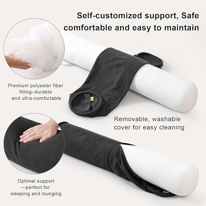 Body Pillow for Adults – Corduroy Long Round Bolster Pillow for Bed, Cuddle Pillow with Full Support for Side Sleepers & Restful Sleep,47 x 7.87 Inches,Lamp Black