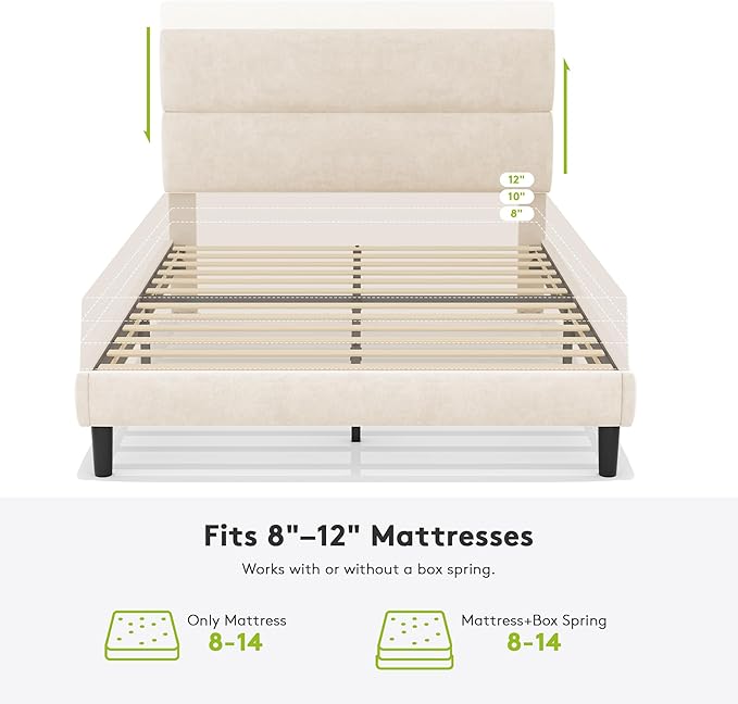 GRUSIGN Queen Size Platform Bed Frame with Velvet Headboard, Adjustable Height Wooden Slats Support, Upholstered Mattress Foundation, Fits Mattress or Mattress with Box Spring, Easy Assembly, Beige