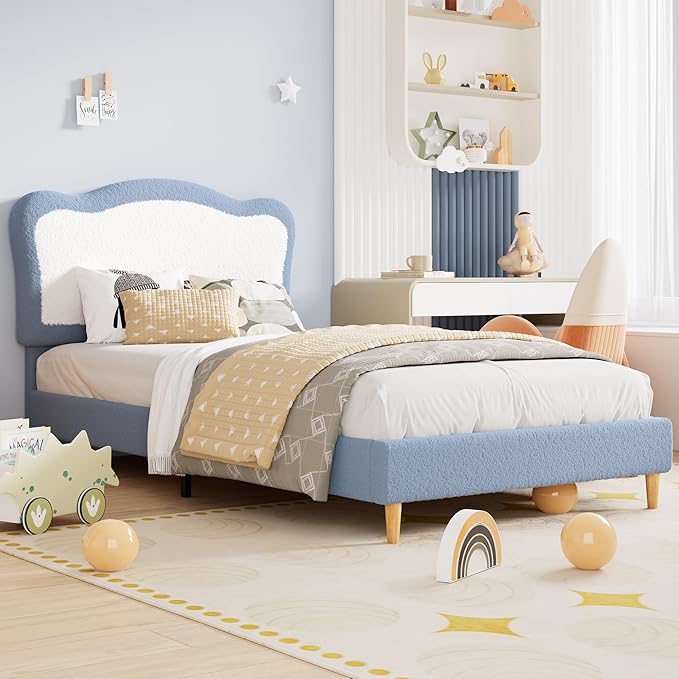 GarveeHome Full Bed Frames for Kids with Soft headboard, Velvet Low Bed Frame for Girls, Boys, No Box Spring Needed, Wooden Slats, Noise Free, Sturdy, Easy Assembly, Blue White
