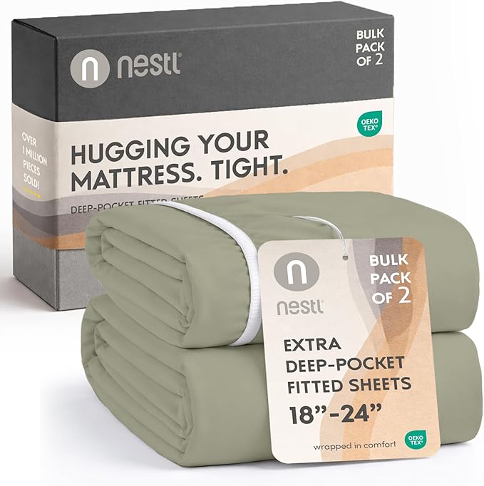 Nestl 2 Pack Light Sage Fitted Sheet Extra Deep Pocket, Hotel Luxury FullFitted Sheet Only Easily Fits 18 to 24 Inch Mattress, Super Soft, Wrinkle-Free and Breathable with Corner Straps