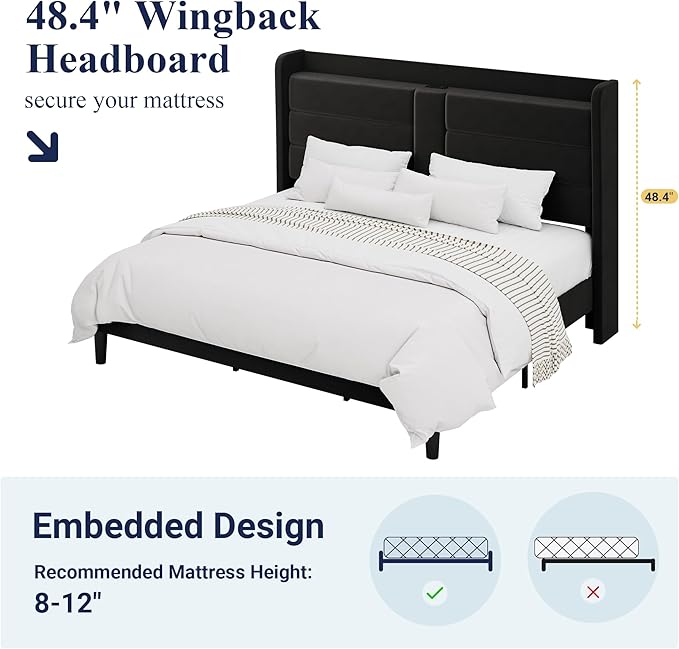 Allewie King Size Platform Bed Frame with Charging Station & Storage Headboard, Upholstered Velvet Wingback Design & USB Port, Strong Wooden Slats Support, No Box Spring Needed, Easy Assembly, Black