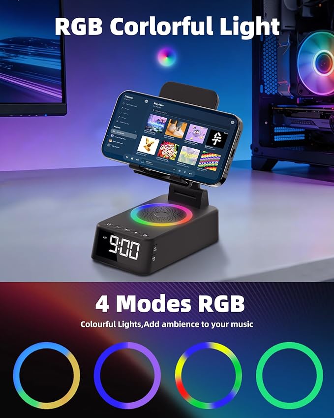 Cell Phone Stand with Bluetooth Speaker, White Noise Machine with 20 Soothing Sounds, Digital Alarm Clock for Bedroom, Bedside Desk Gadget, Gifts for Men Women, Dad, Teens, Cool Tech Gadgets