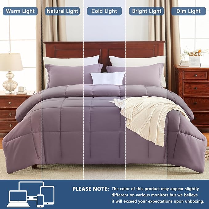 CozyLux Full Size Comforter Sets - 270GSM Dusty Purple Bedding Sets for All Seasons, 3 Pieces Box Stitched Bed Set with 1 Down Alternative Comforter and 2 Pillow Shams, Soft, Lightweight, Breathable