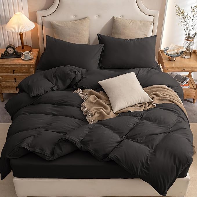 PURE ERA Jersey Knit Duvet Cover Set 100% T-Shirt Cotton Super Soft Comfy 2pc Bedding Set with Zipper Closure (Solid Black, Twin)